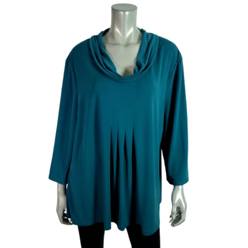 Dressbarn Top Plus Size 22/24 Pleated Stretch‎ Cowl Neck 3/4 Sleeve Green Casual